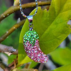 Pink Chili Crystal Pendant Necklace, Pink and Green Small Chili Pendant Necklace